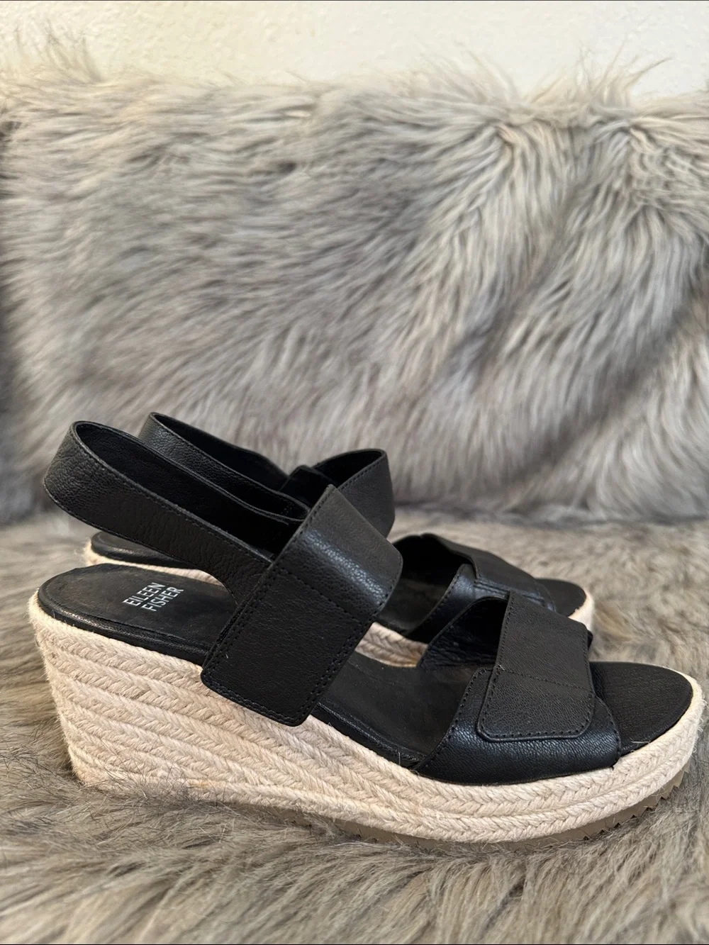 Eileen Fisher Black Leather Espadrille Wedge Sandals Size 7.5
